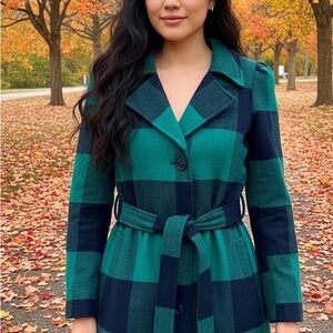 G by Guilana Elegant Green and Dark Navy Plaid Trench Coat
